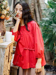 Loose Solid Nine Points Sleeve Asymmetrical Pleat T-Shirts