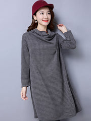 Women High Neck Loose Slim Long Sleeve Dress