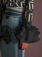 Flared Sleeves Long Sleeves Buttoned Letter Print Lapel Blouses&Shirts Tops