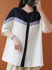 Artistic Color-Block Round-Neck Blouse Tops