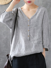 V-Neck Linen Striped Cotton 3/4 Sleeve Shirt