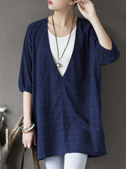 Original Sun-Protection Solid Plaid V-Neck Shirt