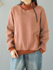 Women Casual Plus Velvet High Neck Striped Zipper Sweatshirt