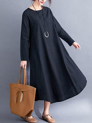 Loose Simple Black Split-joint Round-neck Long Dress
