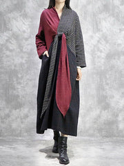 Stitched Plaid Chest Cross V-Neck Maxi Dress