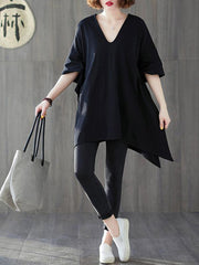 Loose Solid Color Cropped V-Neck Batwing Sleeve T-Shirt