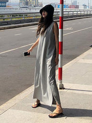Gray Backless Sleeveless Split-side Long T-shirt Dress