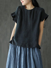Vintage Solid Loose Round Collar Falbala Sleeve T-Shirt