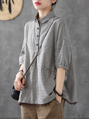 Artistic Retro Plaid Lace Blouse Tops
