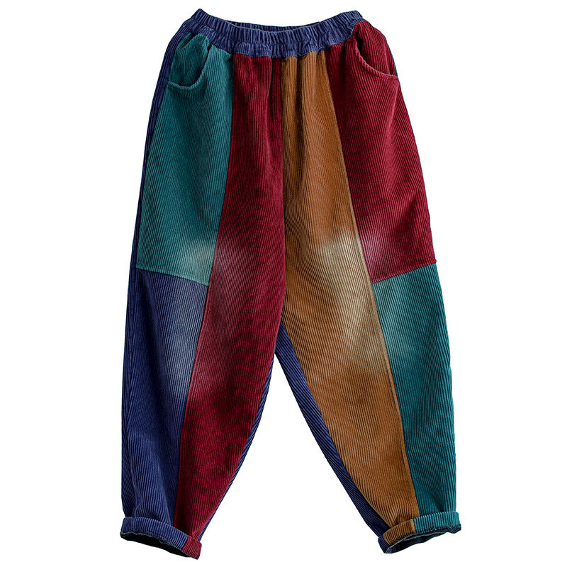 Retro Color-Block Thicken Harem Pants