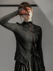 Women Slim Stitching Stand Collar Long Sleeve T-Shirt