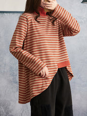 Women Striped High Neck Loose Bottoming Shirt