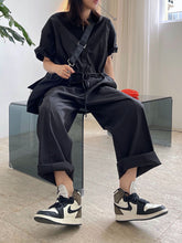 Round Neck High Waist Elastic Drawstring Straight Leg Jumpsuit