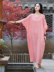Pink&White Soft Split-joint Ramie Cotton Long Dress
