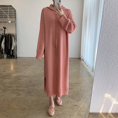 Loose Solid Knitted Split Hooded Midi Dress