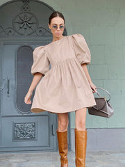 Women Solid Color Puff Sleeve Round Neck Loose Dress