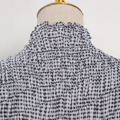 Women Lantern Sleeve Plaid Pleated Dress