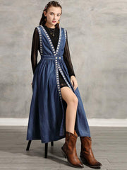 Two-Pieces Vintage Embroidered Jean Turtleneck Dress Set