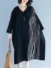 Loose Striped Print Vintage V-Neck Dress