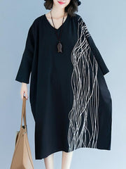 Loose Striped Print Vintage V-Neck Dress