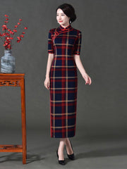 Vintage Plaid Split-Side Long Cheongsams