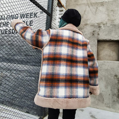Women Plaid Stitching Loose Casual Coat