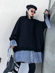 Loose False Two Jean Splicing Round Neck Sweatshirt
