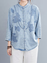 Embroidered Stand Collar Denim Blouse