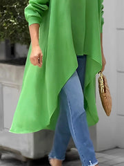 High-Low Long Sleeves Buttoned Solid Color Lapel Collar Blouses&Shirts Tops