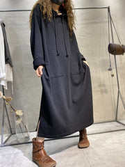 Casual Hooded Drawstring Maxi Dress With Large Pockets