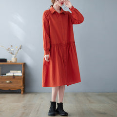 Loose Solid Color Lapel Lace-Up Midi Dress