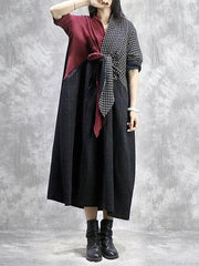 Stitched Plaid Chest Cross V-Neck Maxi Dress