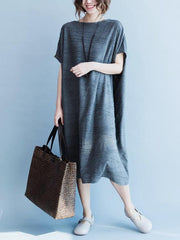 Gray Round-neck Cotton Blend Free Size Long Dress
