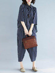 Two-Pieces Stripe Loose Three-Quarter Sleeve Lapel Suits