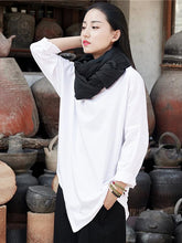 White&Gray Cropped Round-neck Ramie Cotton T-shirt