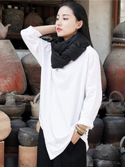 White&Gray Cropped Round-neck Ramie Cotton T-shirt