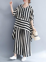 Loose Striped Asymmetric T-shirts+Pants Suit