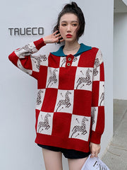 Plaid Color-Blocking Retro Long Sleeve Knitted Sweater