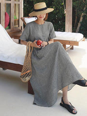 Ramie Cotton Plus Size Plaid Fresh Midi Dresses