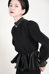 Pleated Stitching Leather Ruffled Sweatshirt