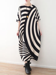 Asymmetric Striped Chiffon Half Sleeves Long Dress