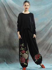 Linen Embroidered Elastic Loose Plus Size Pants