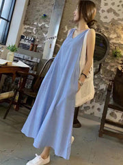 V-Neck Striped Loose Sleeveless Casual Dress