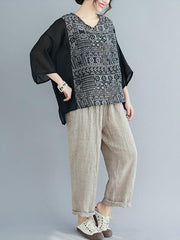 Loose Print Splicing V-Neck T-Shirt