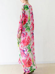 Ethnic Style Floral A-Line Loose Seven-Quarter Sleeve Long Dress