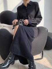 Women Lapel Lantern Sleeve Casual Dress