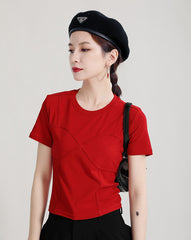 Women Solid Color Slim Round Neck T-Shirt