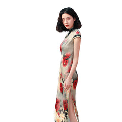 Tie-Dye Clashing Vintage Print High Split Short Sleeve Cheongsam Maxi Dress