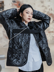 Simple Black Loose Solid Color Plaid Cotton Outwear