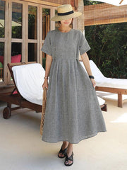 Ramie Cotton Plus Size Plaid Fresh Midi Dresses